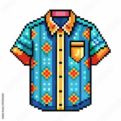 Pixel Art Patterned Shirt with Bright Colors and Geometric Designs