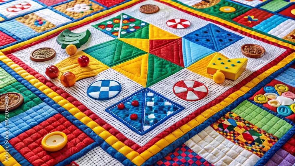 Brightly colored game pieces and iconic symbols from a classic board game meander across a woven quilt, accented with white spaces and gentle curves. Brightly colored game pieces and iconic symbols from a classic board game meander across a woven quilt, accented with white spaces and gentle curves.