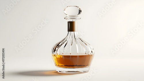 125. A detailed 3D render of a stylish glass decanter with an elegant stopper, isolated on a pristine white background