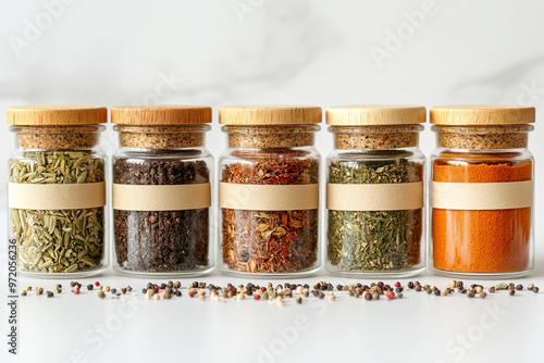 Set of spice jars with labels on a white background photo