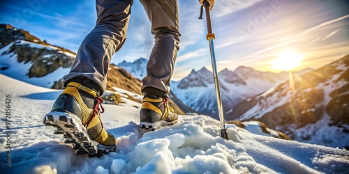 close up of a person s feet wearing crampons step