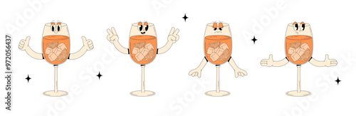 Set retro groovy characters summer cocktail. Funky alcohol beverage aperol spritz with different poses and emotions. Vintage vector illustration 70s, 80s style  on transparent background