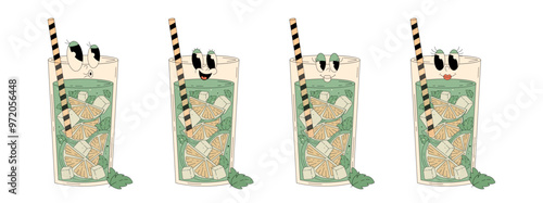 Set retro groovy characters summer cocktail. Funky alcohol beverage mojito with different emotions. Vintage vector illustration 70s, 80s style  on transparent background