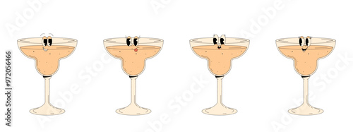 Set retro groovy characters summer cocktail. Funky alcohol beverage daiquiri with different emotions. Vintage vector illustration 70s, 80s style  on transparent background
