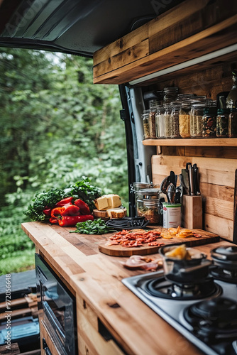 Van life couple enjoying breakfast by the open back doors of their van photo