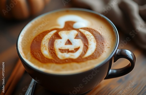 Halloween pumpkin cappuccino cup using ground cinnamon. Holiday idea