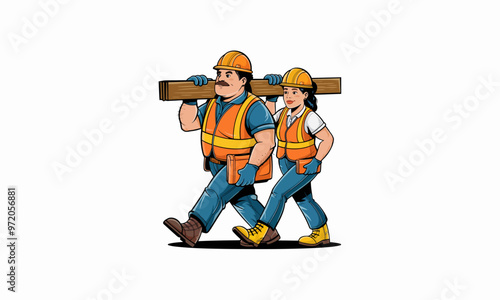 This vector shows two construction workers carrying a wooden beam together. photo