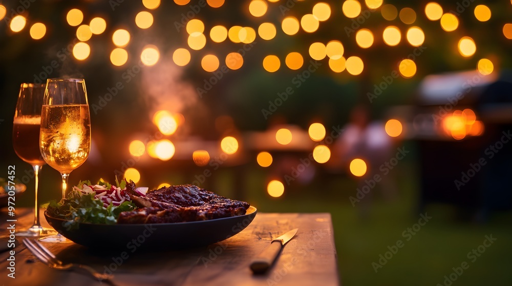 A backyard pergola draped in fairy lights, grill smoking ribs, rustic wooden table set with fresh salads, vibrant drinks, summer evening glow, vintage watercolor A backyard pergola draped in fairy lights, grill smoking ribs, rustic wooden table set with fresh salads, vibrant drinks, summer evening glow, vintage watercolor