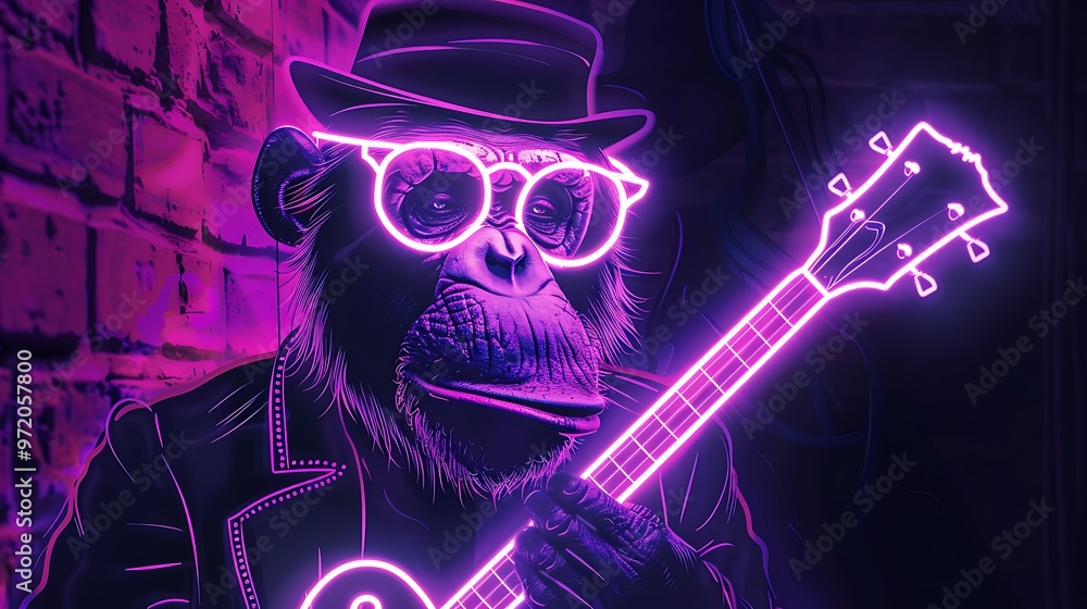 Neon depiction of a gangster animal and primate musician Neon depiction of a gangster animal and primate musician