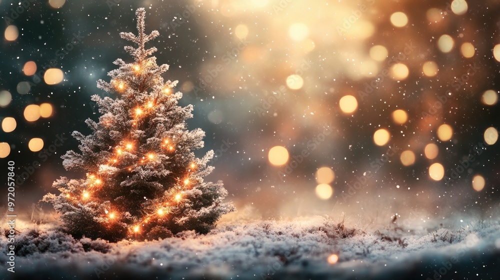 A glowing Christmas tree with warm lights stands in a snowy forest with a soft bokeh background. A glowing Christmas tree with warm lights stands in a snowy forest with a soft bokeh background.