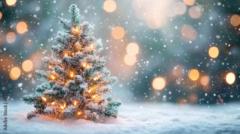 A small Christmas tree with warm white lights stands in snow with a blurred background of more lights and falling snow. A small Christmas tree with warm white lights stands in snow with a blurred background of more lights and falling snow.