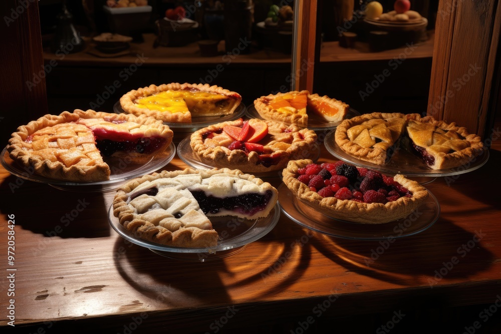 Pie Slices: Showcase slices of freshly baked pie, each with a different fruit filling, arranged on a rustic table.