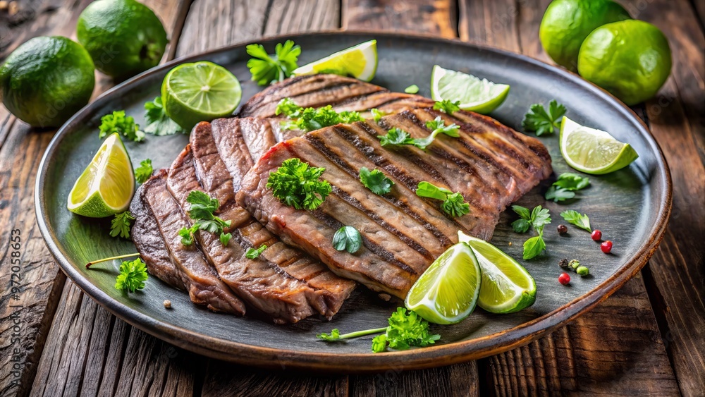 Grilled arrachera plate arrives at the table, accompanied by a scattering of fresh cilantro and a trio of lime wedges, perfectly balancing flavors and textures. Grilled arrachera plate arrives at the table, accompanied by a scattering of fresh cilantro and a trio of lime wedges, perfectly balancing flavors and textures.