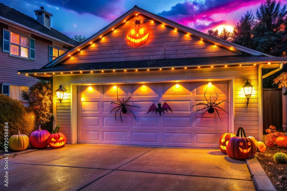 Spooky autumnal lights adorn a suburban garage door with glowing jack-o-lanterns, bats, and spiders amidst a morbidly colorful medley of orange, purple, and yellow hues.