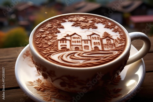 Wallpaper Mural Cappuccino Art: Close-ups of cappuccino art featuring heart and leaf designs, with a village square bustling in the background. Torontodigital.ca