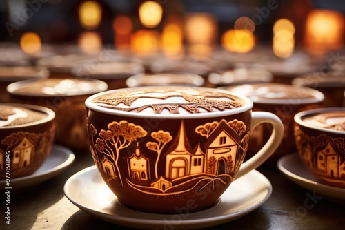 Wallpaper Mural Cappuccino Art: Close-ups of cappuccino art featuring heart and leaf designs, with a village square bustling in the background. Torontodigital.ca
