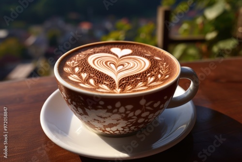 Wallpaper Mural Cappuccino Art: Close-ups of cappuccino art featuring heart and leaf designs, with a village square bustling in the background. Torontodigital.ca