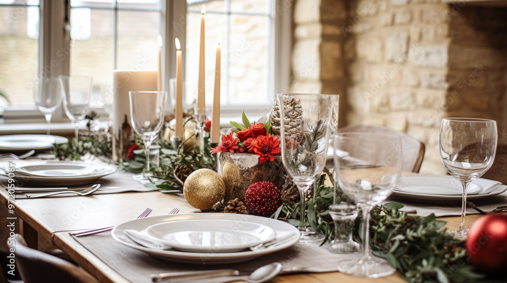 Christmas table decor, holiday tablescape and dinner table setting, formal event decoration for New Year, family celebration, English country and home styling inspiration Christmas table decor, holiday tablescape and dinner table setting, formal event decoration for New Year, family celebration, English country and home styling inspiration