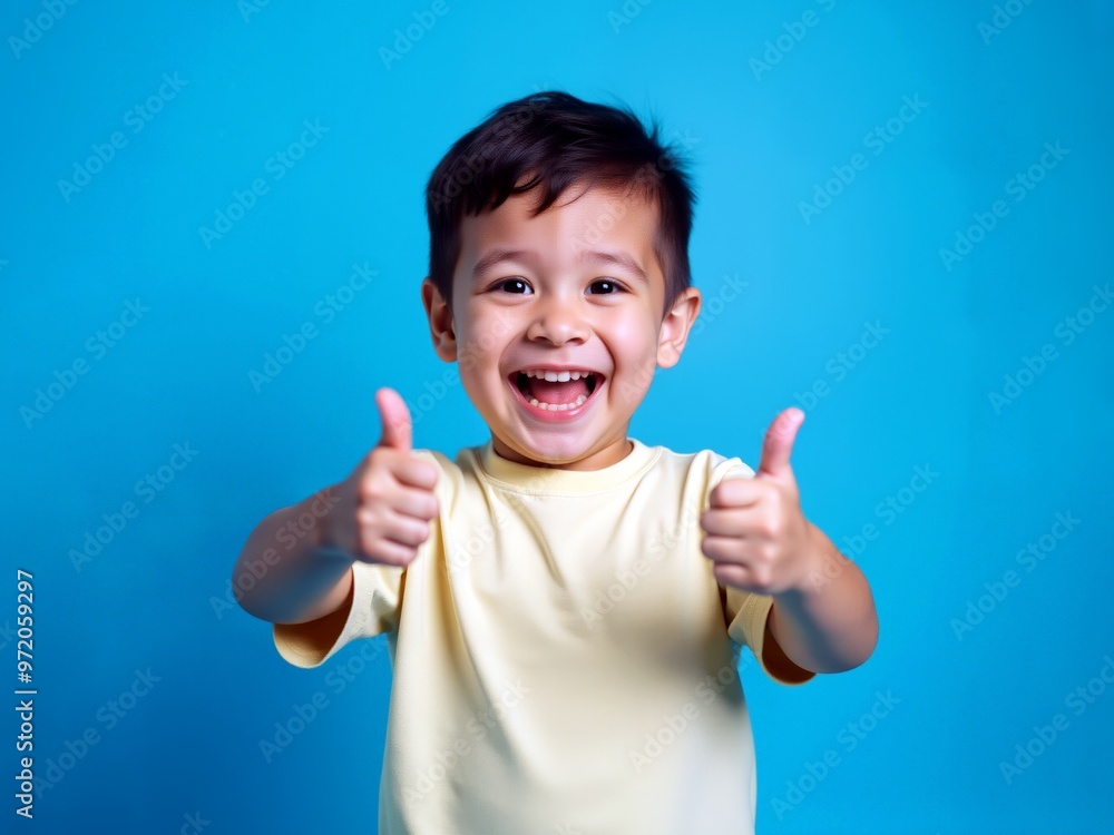 Smiling young child curly hair giving thumbs up gesture showing happiness approval. AI generated Smiling young child curly hair giving thumbs up gesture showing happiness approval. AI generated