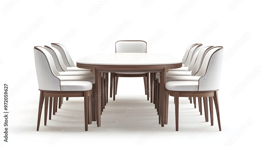 Obraz premium 141. A lifelike 3D render of a contemporary dining table with elegant chairs, isolated on a pristine white background