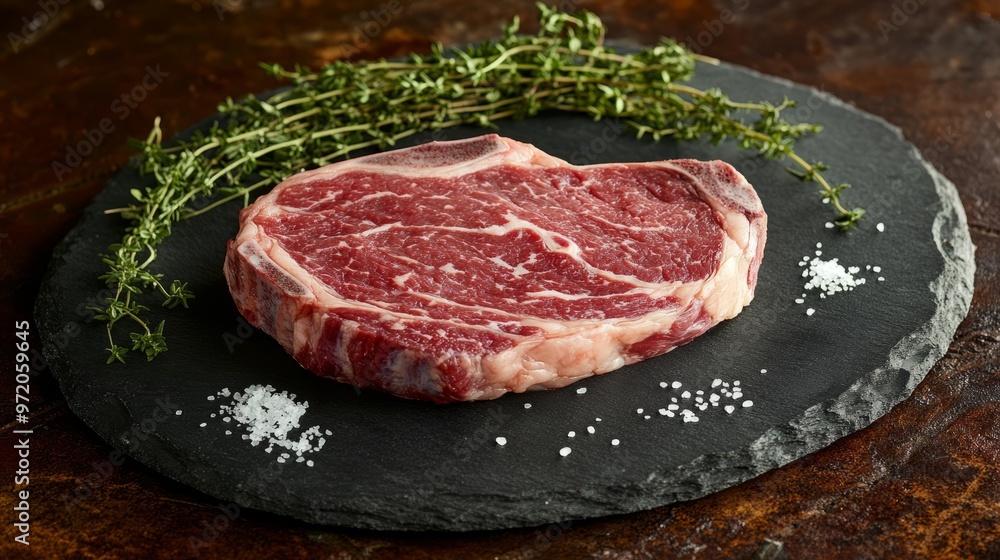 Raw ribeye steak on a slate plate with salt and thyme. Raw ribeye steak on a slate plate with salt and thyme.