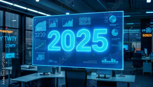 Futuristic office with digital display showing 2025 data and projections