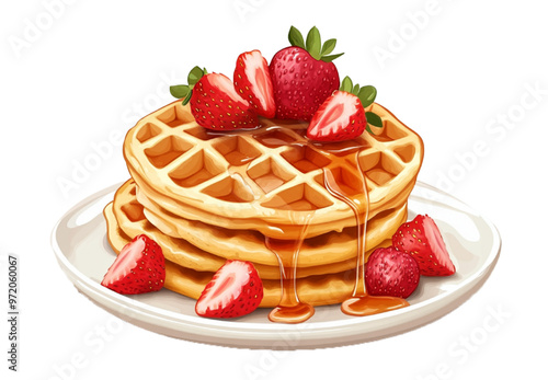 syrup-stained waffles with strawberries