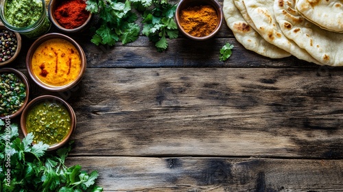 Flat lay of various dips, spices, and naan bread on a wooden surface.