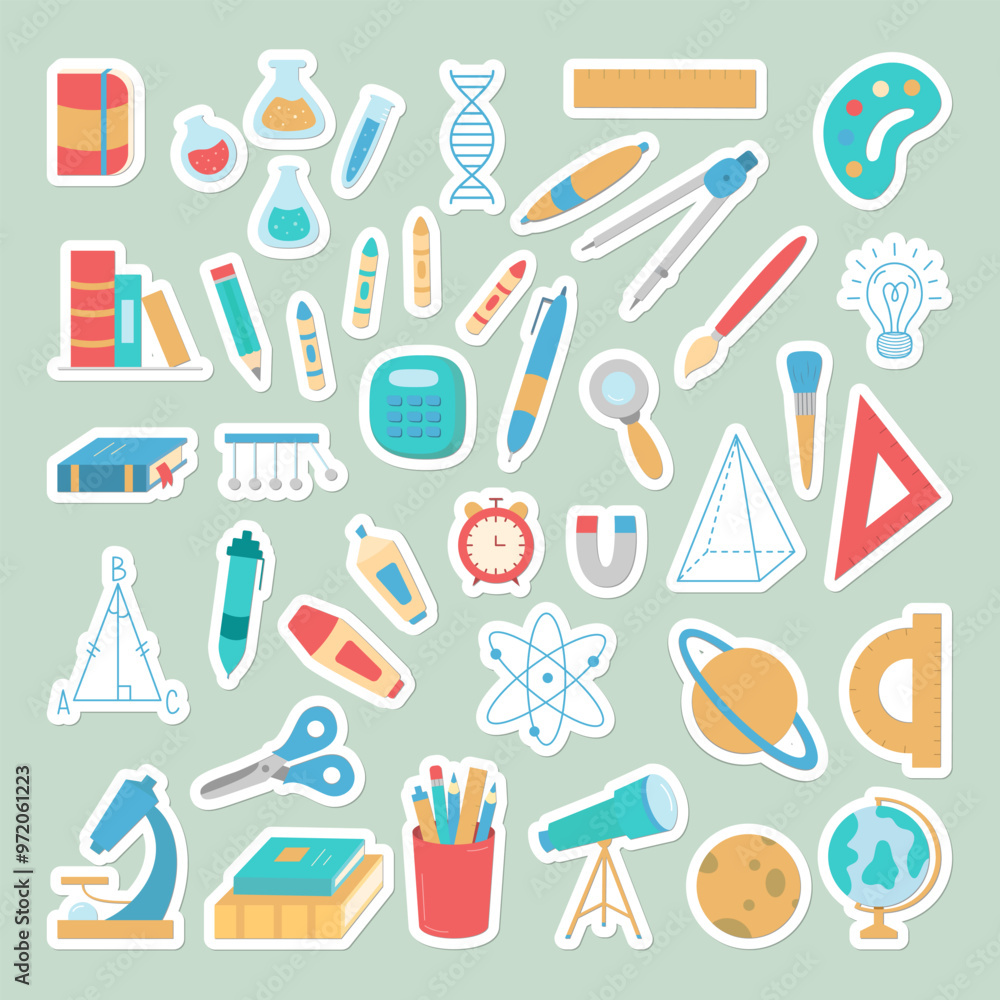 School Supplies Stickers. Education and Teachers Day Theme. Sticky Telescope, Microscope, Globe, Books, Crayons, Pen, Marker, Felt Tip Pen, Newton's balls, Drawing Compass. School Supplies Stickers. Education and Teachers Day Theme. Sticky Telescope, Microscope, Globe, Books, Crayons, Pen, Marker, Felt Tip Pen, Newton's balls, Drawing Compass.