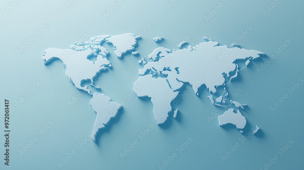 Obraz premium 3D world map rendered on a soft blue gradient background. The sleek design highlights global connectivity and simplicity, perfect for modern and clean visuals