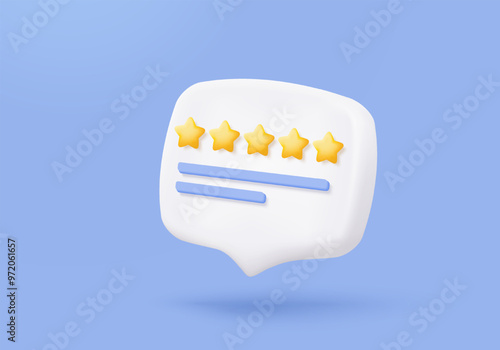 3d stars rating for best excellent services. Result score for satisfaction in speech bubble. Review for quality customer rating feedback, product award review. 3d star icon vector render illustration