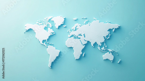 3D world map rendered on a soft blue gradient background. The sleek design highlights global connectivity and simplicity, perfect for modern and clean visuals #972062025