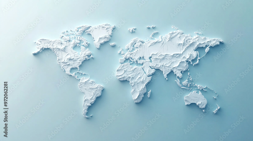 3D world map rendered on a soft blue gradient background. The sleek design highlights global connectivity and simplicity, perfect for modern and clean visuals 3D world map rendered on a soft blue gradient background. The sleek design highlights global connectivity and simplicity, perfect for modern and clean visuals