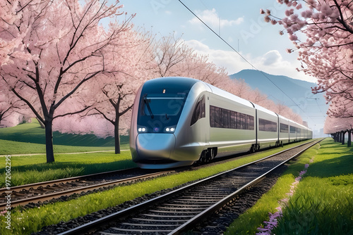 A modern high speed train and cherry blossom photo