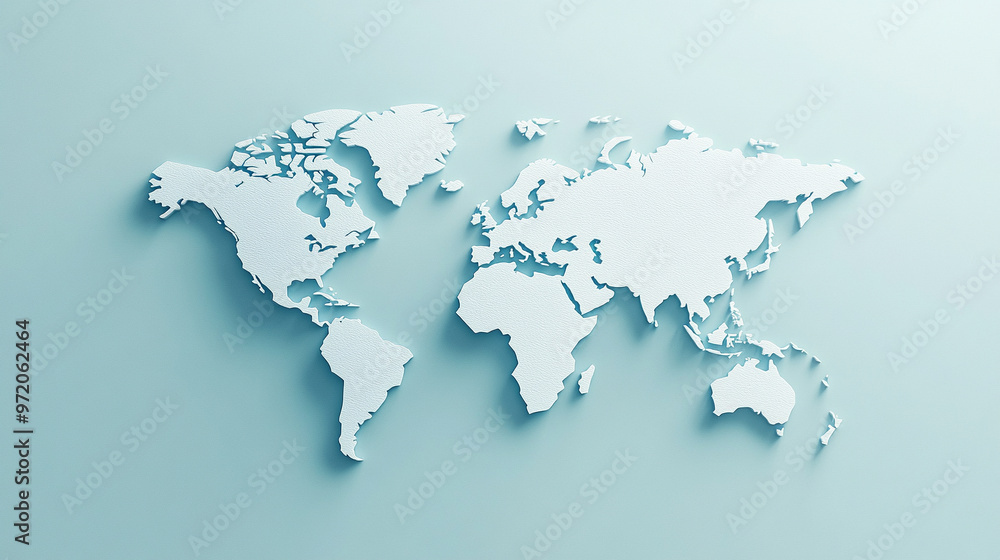 3D world map rendered on a soft blue gradient background. The sleek design highlights global connectivity and simplicity, perfect for modern and clean visuals 3D world map rendered on a soft blue gradient background. The sleek design highlights global connectivity and simplicity, perfect for modern and clean visuals