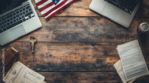 USA flag draped over a wooden desk, beside a key to a home, symbolizing VA loan benefits. Mortgage documents and a laptop in view