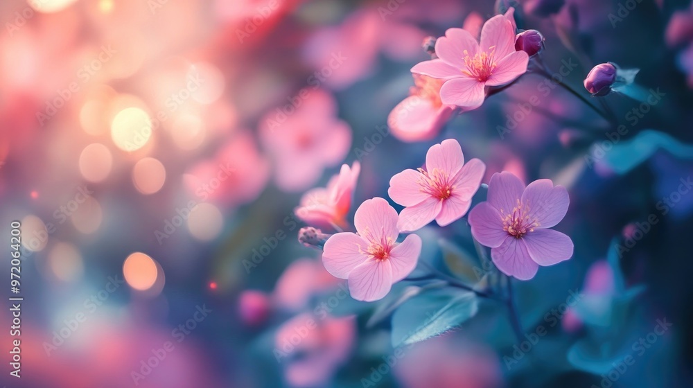 Delicate pink flowers bloom against a soft, blurred background of warm light, creating a romantic and dreamy atmosphere. Delicate pink flowers bloom against a soft, blurred background of warm light, creating a romantic and dreamy atmosphere.