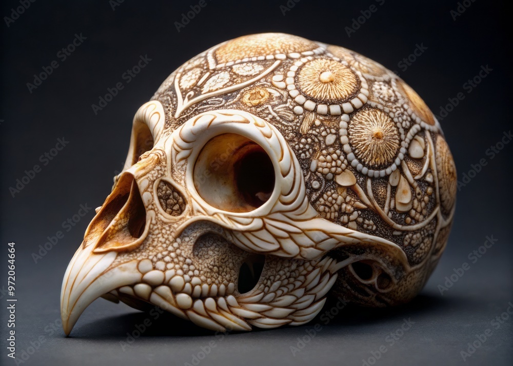 Beautifully crafted chick skull adorned with delicate ornamental patterns, intricate designs and fine details, showcasing meticulous craftsmanship and attention to realism. Beautifully crafted chick skull adorned with delicate ornamental patterns, intricate designs and fine details, showcasing meticulous craftsmanship and attention to realism.