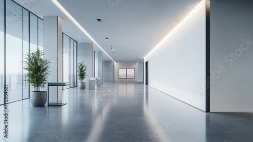 modern art gallery with sleek, bright interior, showcasing a large blank white wall as its centerpiece. The minimalist design highlights the potential for creative exhibitions or artwork presentations