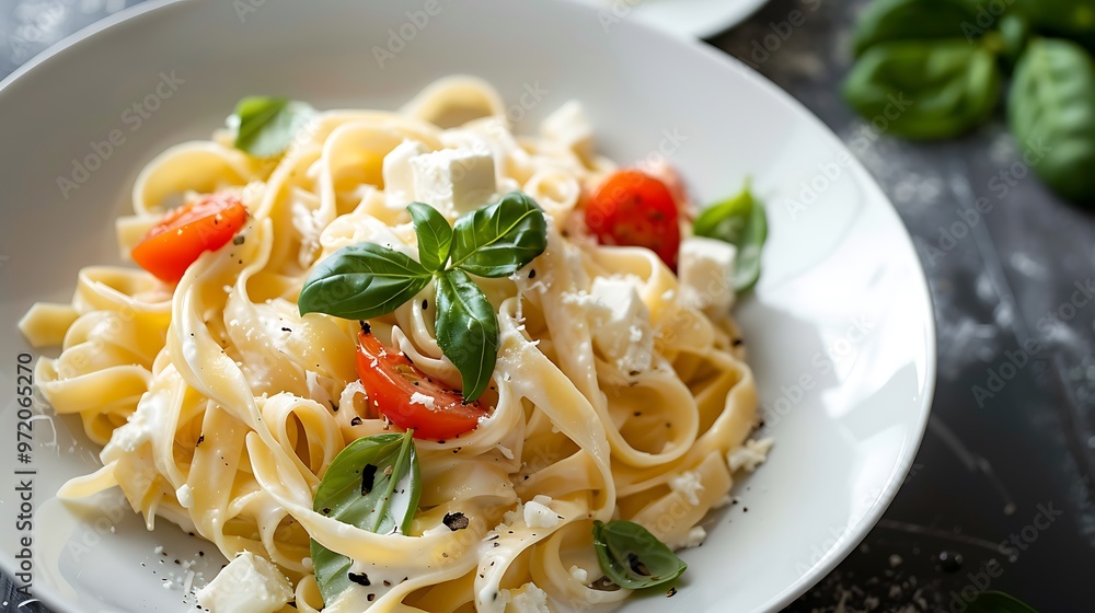 Noodles dish with a feta cheese sauce that is smooth and thick Noodles dish with a feta cheese sauce that is smooth and thick