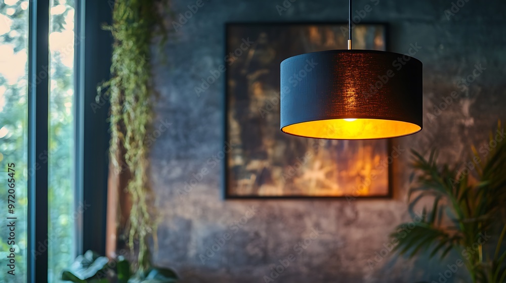 Black Pendant Light Hanging Over an Abstract Painting Black Pendant Light Hanging Over an Abstract Painting