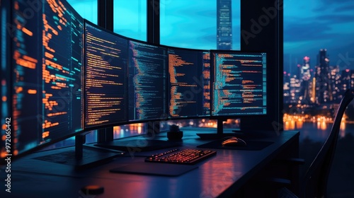 A programmer's desk with multiple monitors displaying lines of code, a keyboard, and a mouse, with a cityscape at sunset viewable through the window.