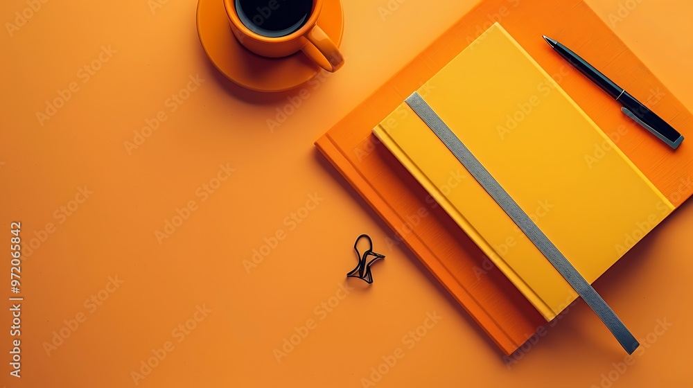 Notebook in a flat lay design on a orange background Notebook in a flat lay design on a orange background