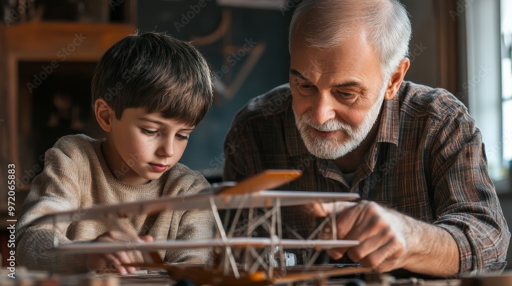 Russian Grandfather Teaching Grandson Model Airplane Building - Intergenerational Bonding and Hands-On Activity Russian Grandfather Teaching Grandson Model Airplane Building - Intergenerational Bonding and Hands-On Activity