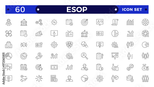 Employee stock ownership plan Outline icon collection. ESOP, benefits, company, shares, benefits, management, win-win, scheme, and ownership icon set. UI outline icon pack.