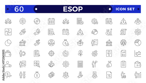 Employee stock ownership plan Outline icon collection. ESOP, benefits, company, shares, benefits, management, win-win, scheme, and ownership icon set. UI outline icon pack.