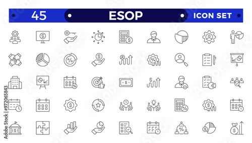 Employee stock ownership plan Outline icon collection. ESOP, benefits, company, shares, benefits, management, win-win, scheme, and ownership icon set. UI outline icon pack.