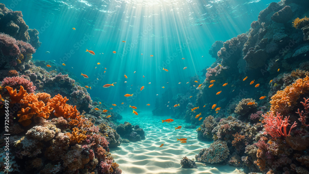 A vibrant coral reef in the Red Sea, with a variety of colorful fish swimming around it. The water is crystal clear, allowing us to see the intricate details of the corals and the vibrant color A vibrant coral reef in the Red Sea, with a variety of colorful fish swimming around it. The water is crystal clear, allowing us to see the intricate details of the corals and the vibrant color
