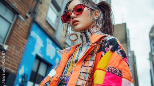 Trendy Gen Z Fashion: Young Woman in Retro Streetwear with Sustainable Fabrics and Bold Accessories for Y2K Revival Vibes