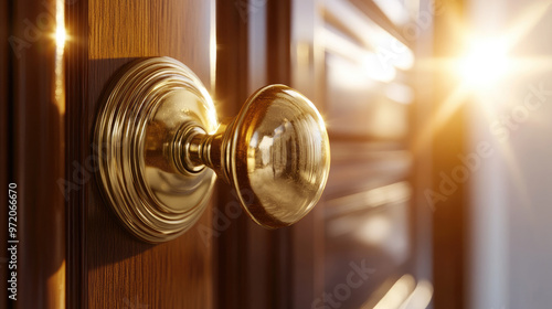 A close up of polished brass doorknob shining beautifully in sunlight, reflecting warmth and elegance. wooden door adds classic touch to scene, enhancing its charm